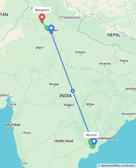 Route map showing distance and travel time from Kovvur, India to Narwana, India