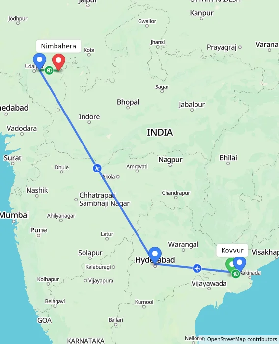 Route map showing distance and travel time from Kovvur, India to Nimbahera, India
