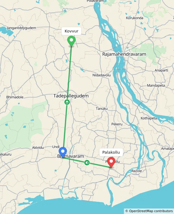 Route map showing distance and travel time from Kovvur, India to Palakollu, India