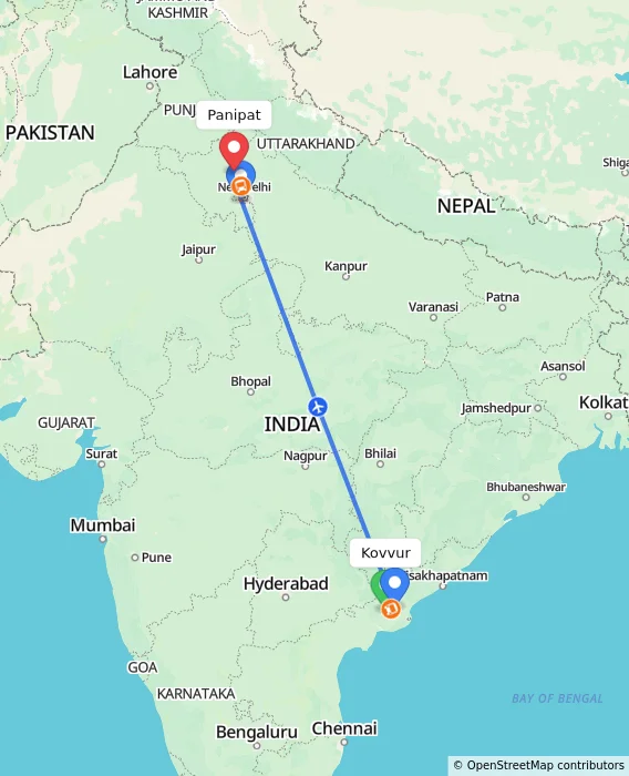 Route map showing distance and travel time from Kovvur, India to Panipat, India