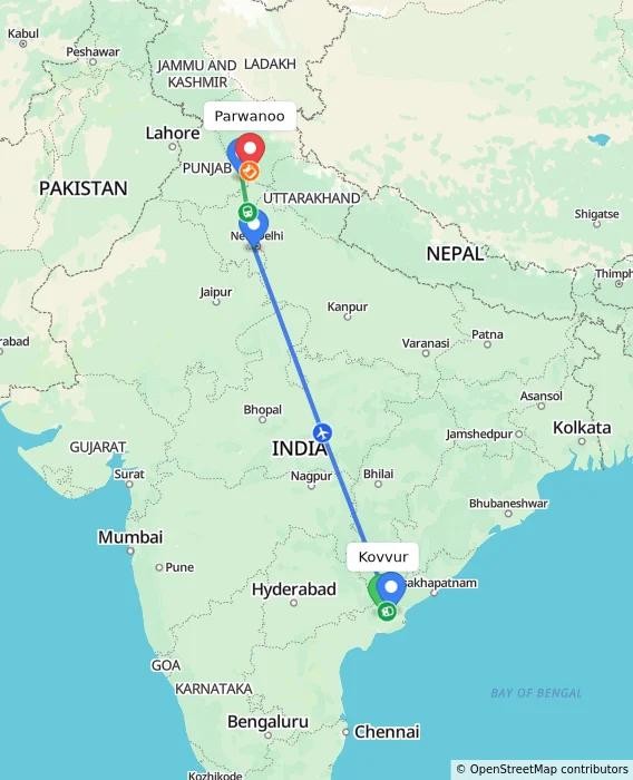 Route map showing distance and travel time from Kovvur, India to Parwanoo, India