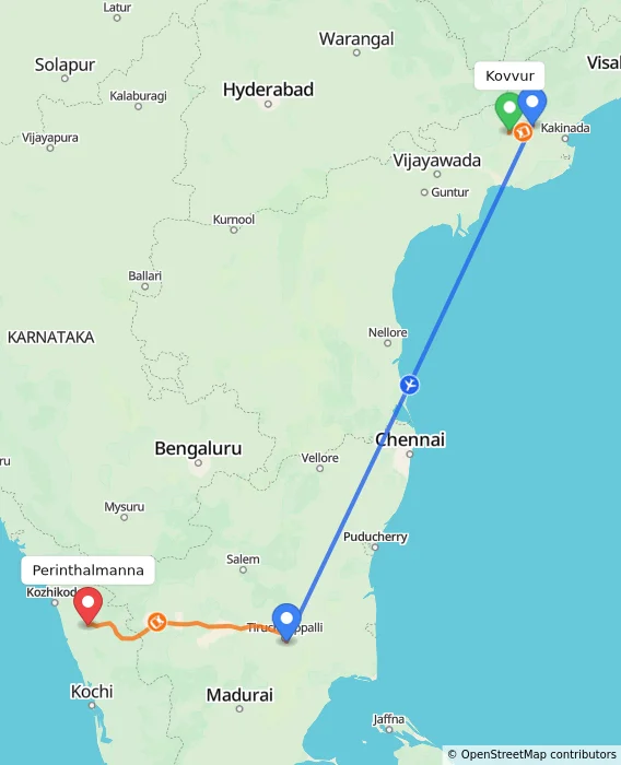 Route map showing distance and travel time from Kovvur, India to Perinthalmanna, India