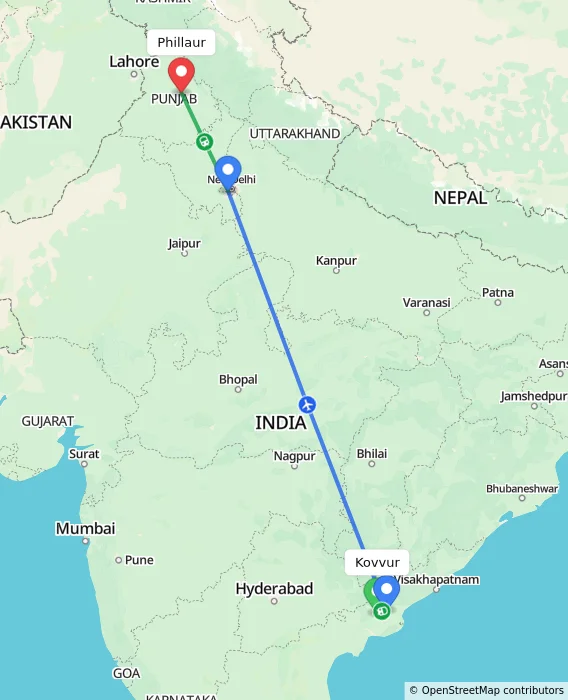Route map showing distance and travel time from Kovvur, India to Phillaur, India
