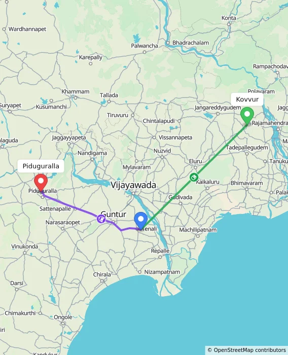 Route map showing distance and travel time from Kovvur, India to Piduguralla, India