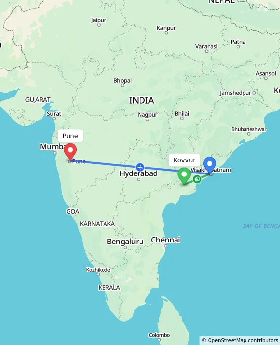 Route map showing distance and travel time from Kovvur, India to Pune, India