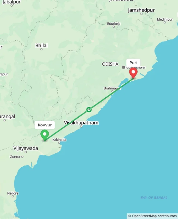 Route map showing distance and travel time from Kovvur, India to Puri, India
