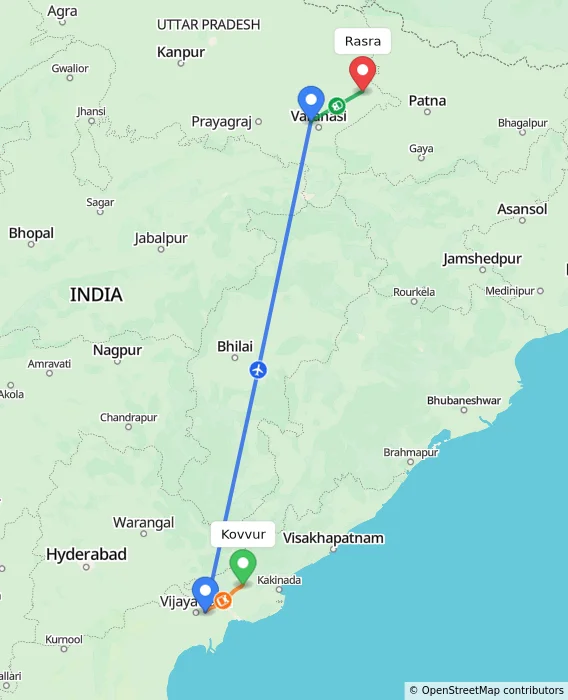 Route map showing distance and travel time from Kovvur, India to Rasra, India