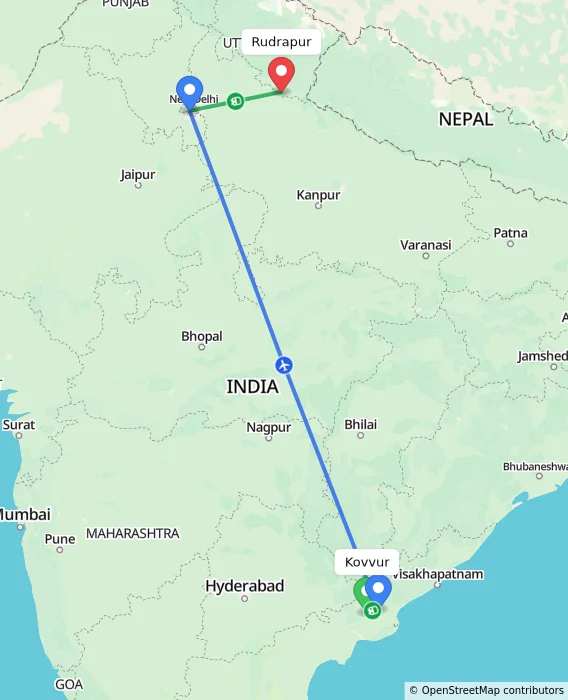 Route map showing distance and travel time from Kovvur, India to Rudrapur, India