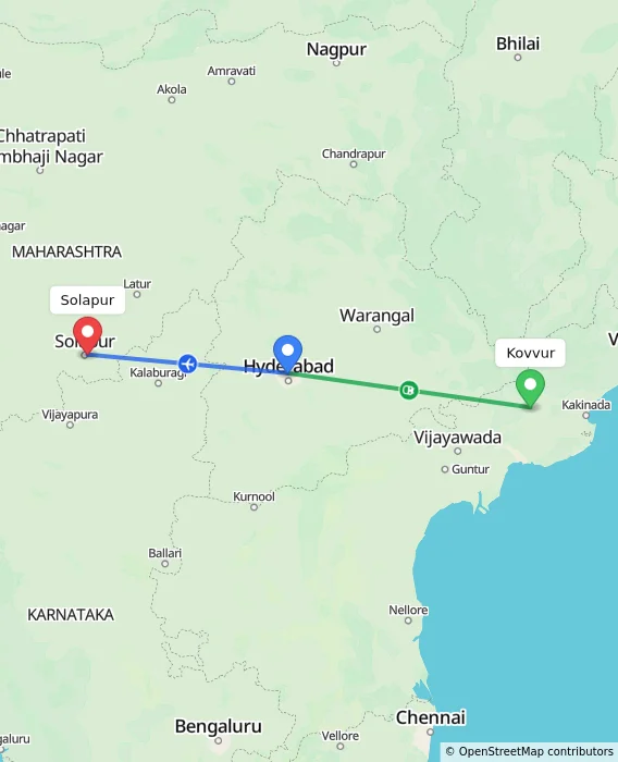Route map showing distance and travel time from Kovvur, India to Solapur, India