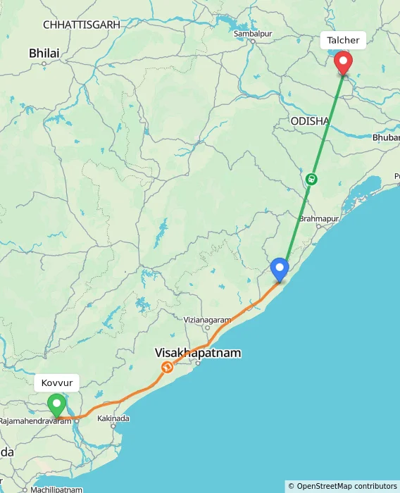 Route map showing distance and travel time from Kovvur, India to Talcher, India