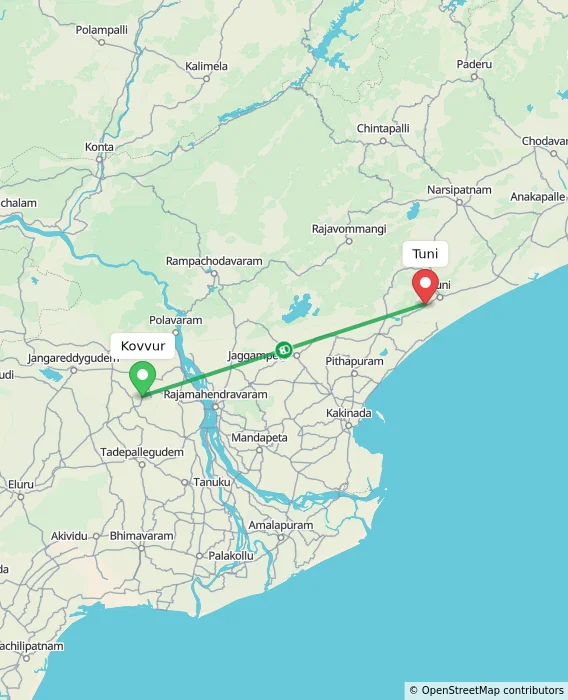 Route map showing distance and travel time from Kovvur, India to Tuni, India