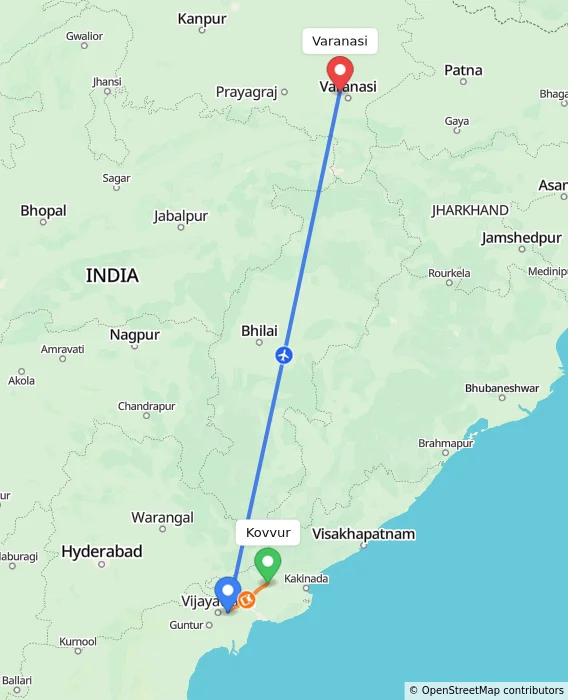 Route map showing distance and travel time from Kovvur, India to Varanasi, India
