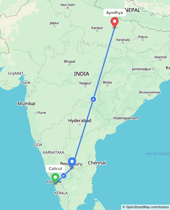 Route map showing distance and travel time from Kozhikode, India to Ayodhya, India