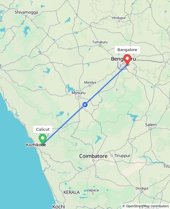 Route map showing distance and travel time from Kozhikode, India to Bangalore, India