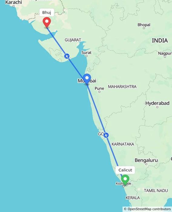 Route map showing distance and travel time from Kozhikode, India to Bhuj, India