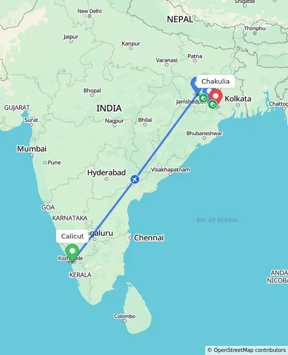 Route map showing distance and travel time from Kozhikode, India to Chakulia, India