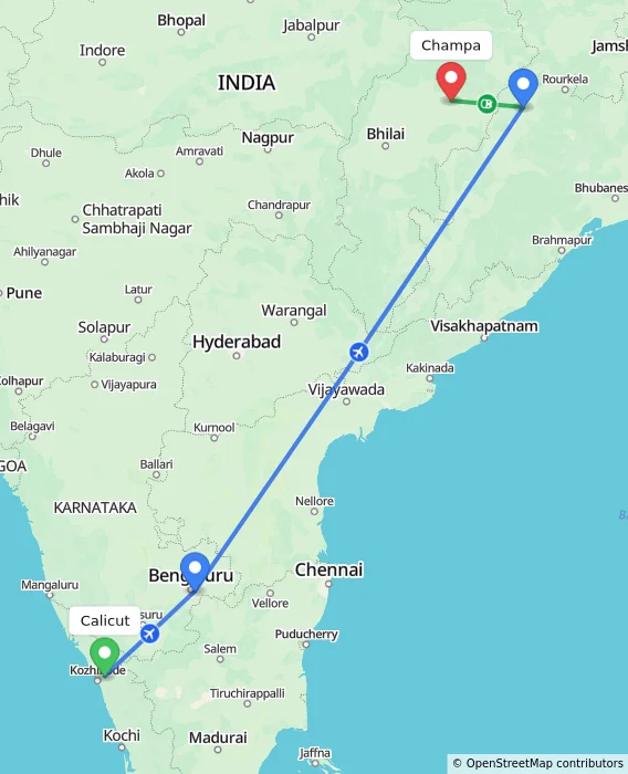 Route map showing distance and travel time from Kozhikode, India to Champa, India