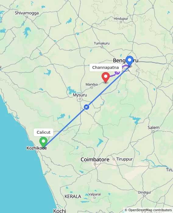 Route map showing distance and travel time from Kozhikode, India to Channapatna, India