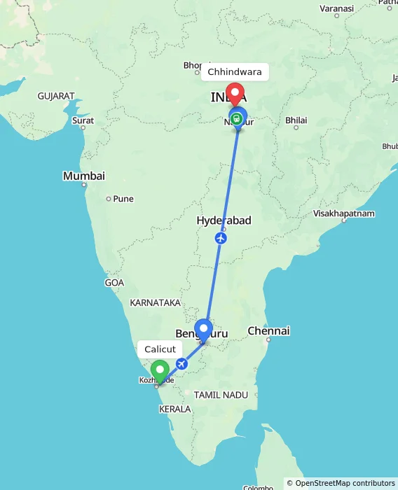Route map showing distance and travel time from Kozhikode, India to Chhindwara, India