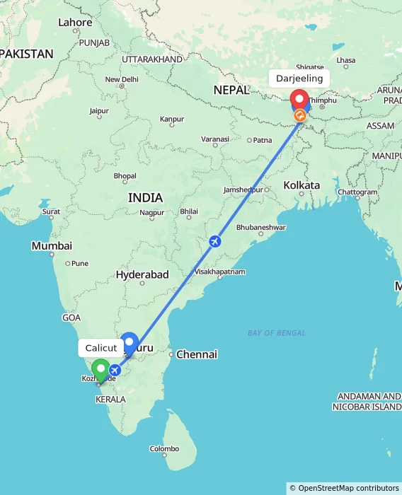 Route map showing distance and travel time from Kozhikode, India to Darjeeling, India