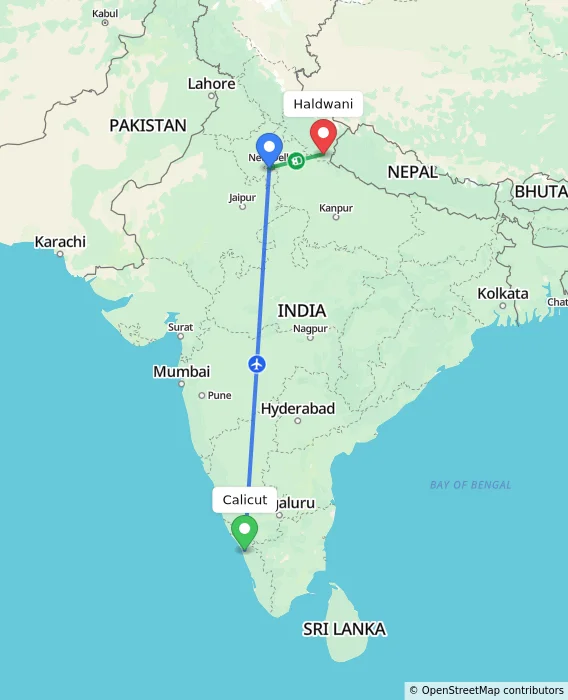 Route map showing distance and travel time from Kozhikode, India to Haldwani, India