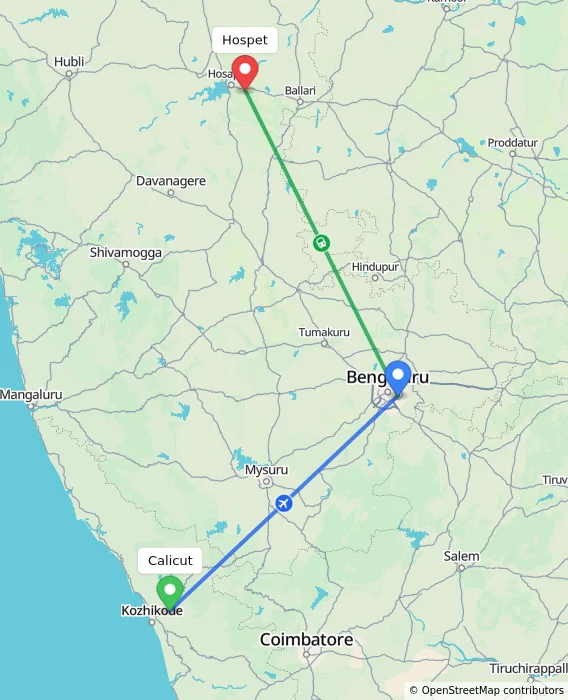 Route map showing distance and travel time from Kozhikode, India to Hospet, India