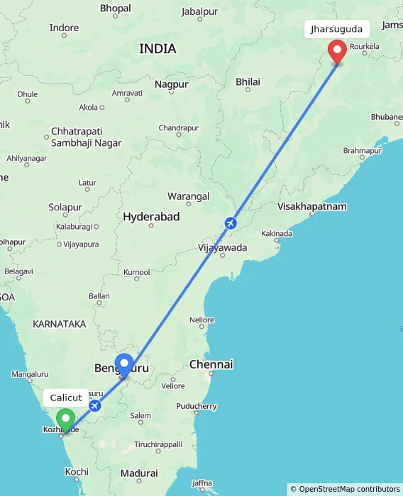 Route map showing distance and travel time from Kozhikode, India to Jharsuguda, India