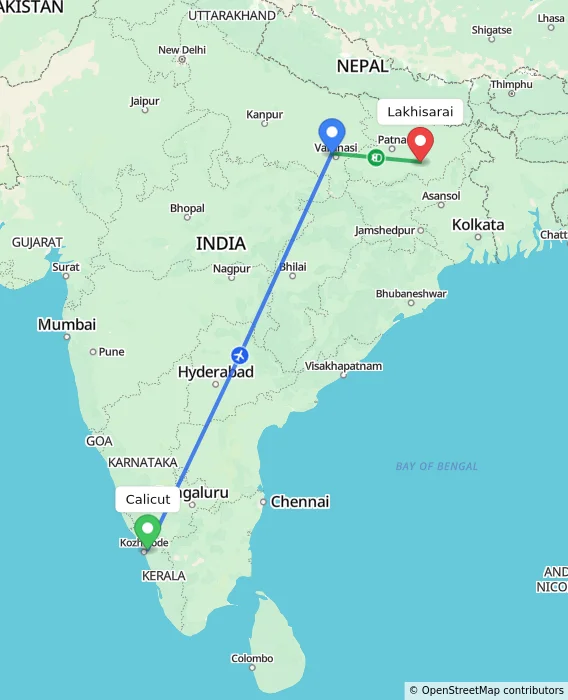 Route map showing distance and travel time from Kozhikode, India to Lakhisarai, India