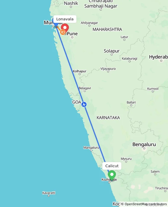 Route map showing distance and travel time from Kozhikode, India to Lonavala, India