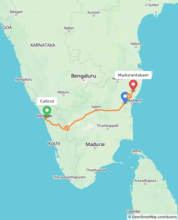 Route map showing distance and travel time from Kozhikode, India to Madurantakam, India