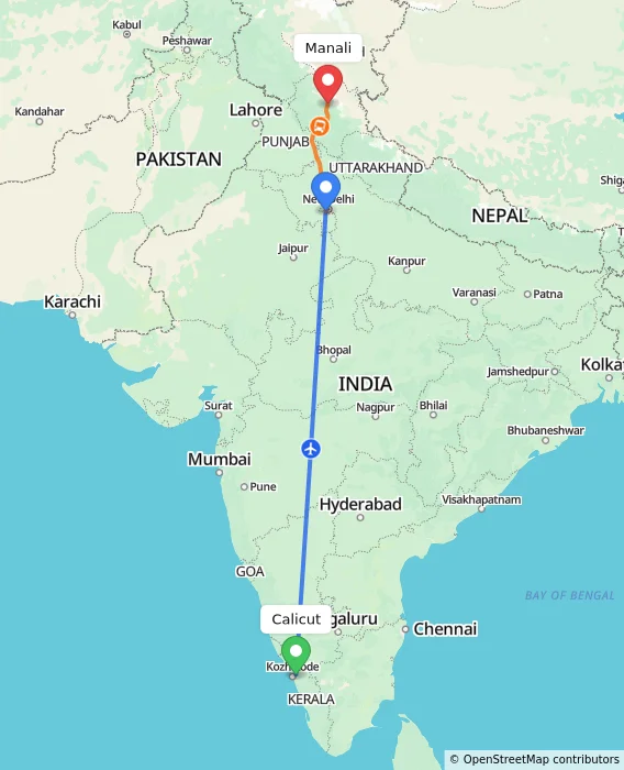 Route map showing distance and travel time from Kozhikode, India to Manali, India