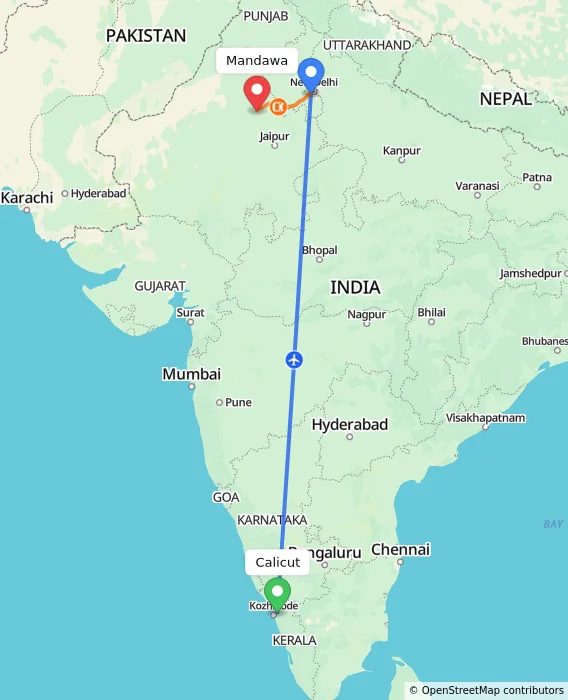 Route map showing distance and travel time from Kozhikode, India to Mandawa, India