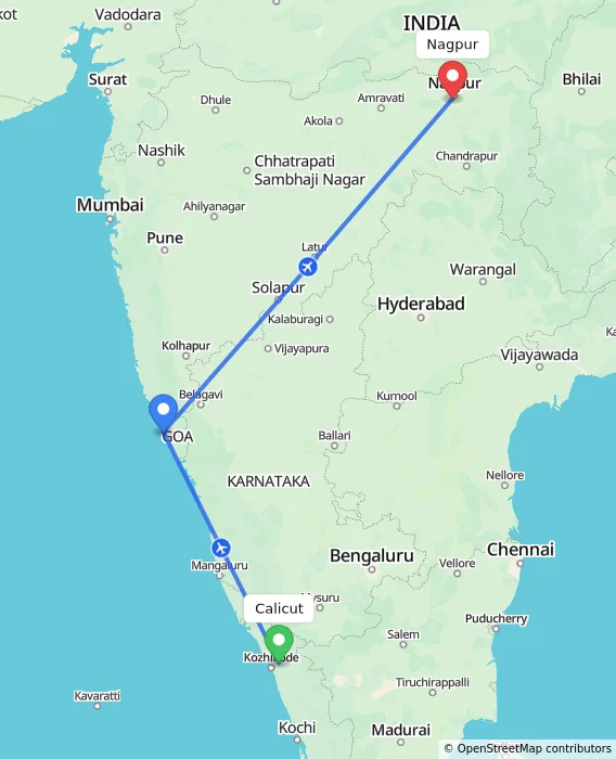 Route map showing distance and travel time from Kozhikode, India to Nagpur, India