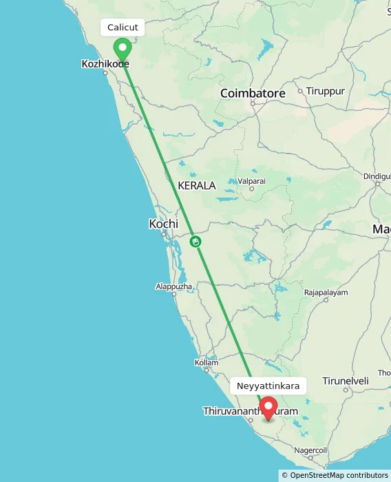 Route map showing distance and travel time from Kozhikode, India to Neyyattinkara, India