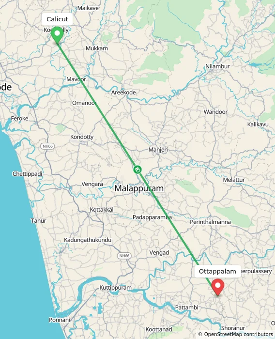 Route map showing distance and travel time from Kozhikode, India to Ottappalam, India
