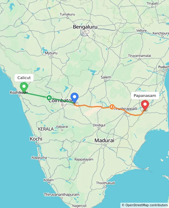 Route map showing distance and travel time from Kozhikode, India to Papanasam, India