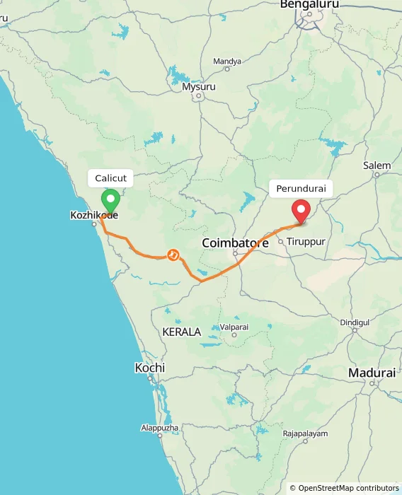 Route map showing distance and travel time from Kozhikode, India to Perundurai, India