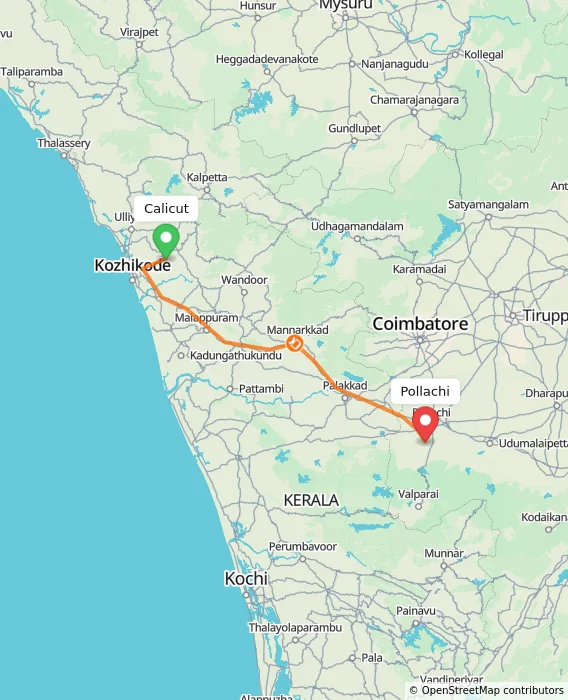 Route map showing distance and travel time from Kozhikode, India to Pollachi, India