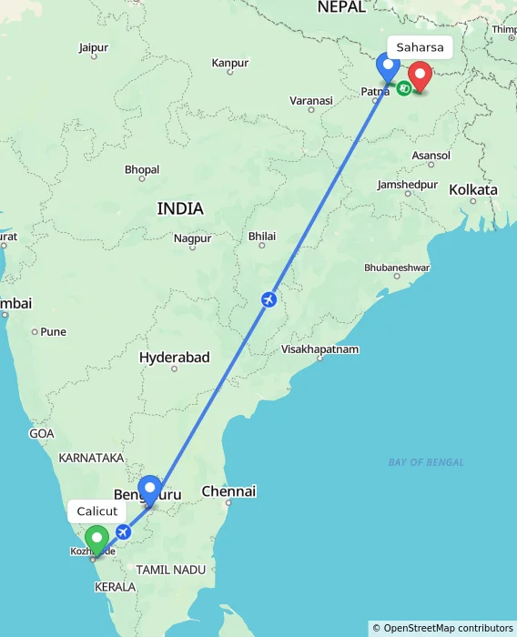 Route map showing distance and travel time from Kozhikode, India to Saharsa, India