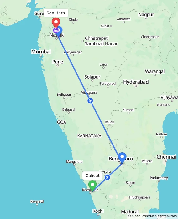 Route map showing distance and travel time from Kozhikode, India to Saputara, India