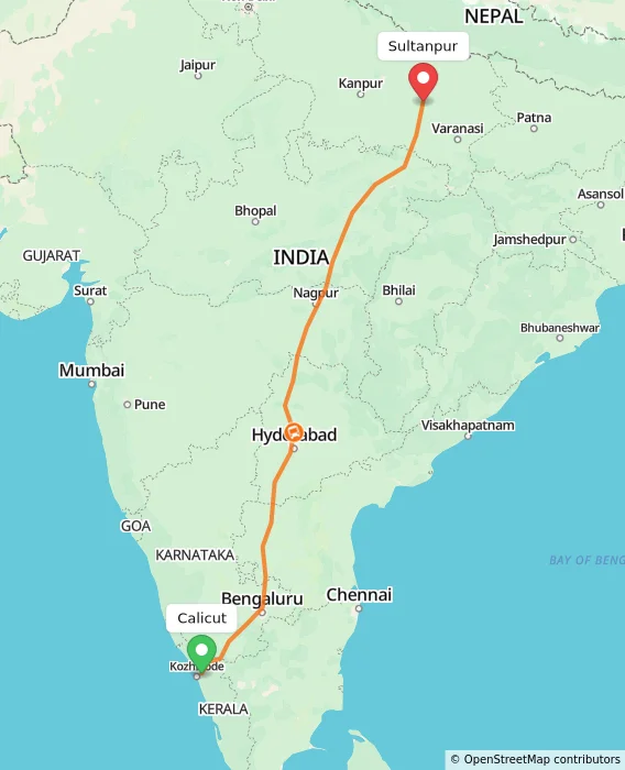 Route map showing distance and travel time from Kozhikode, India to Sultanpur, India