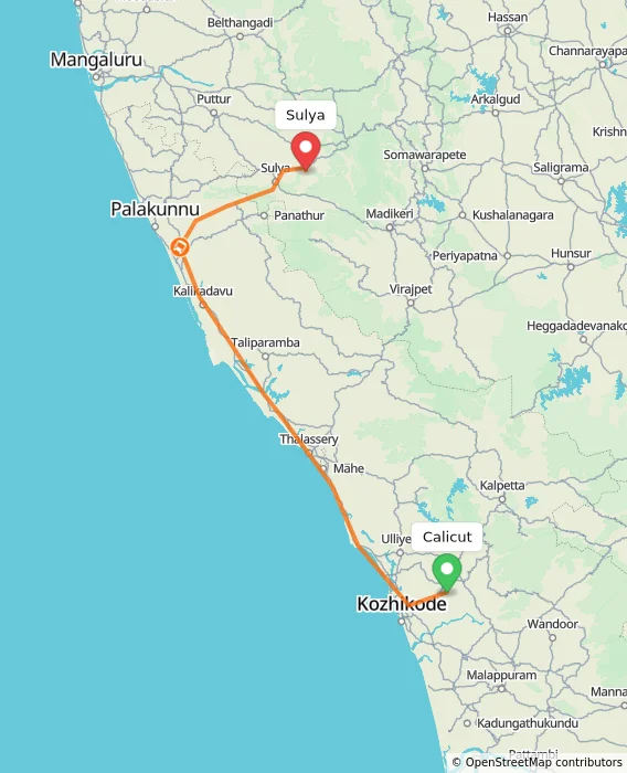 Route map showing distance and travel time from Kozhikode, India to Sulya, India