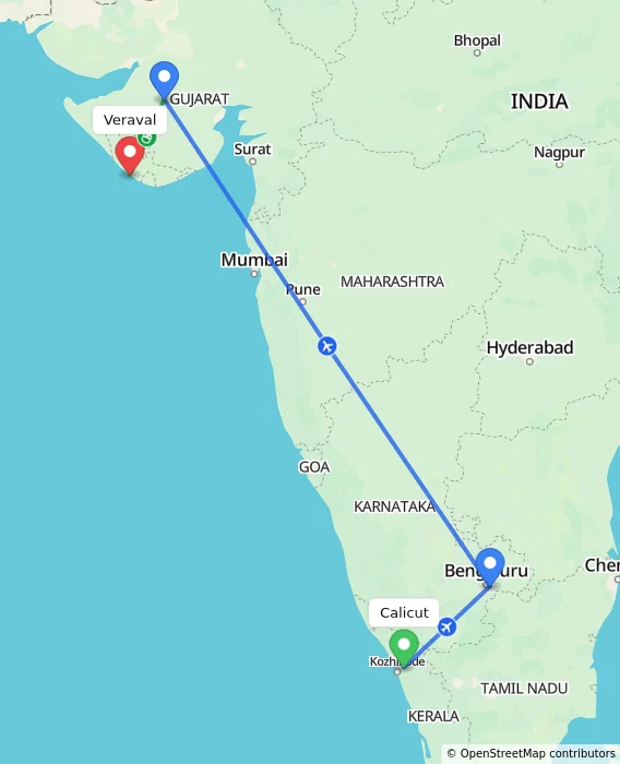 Route map showing distance and travel time from Kozhikode, India to Veraval, India