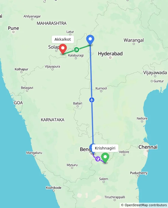 Route map showing distance and travel time from Krishnagiri, India to Akkalkot, India