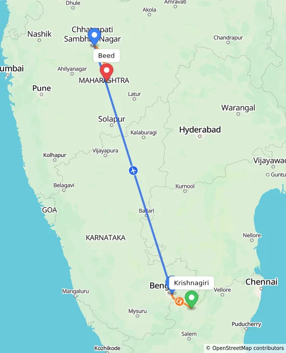 Route map showing distance and travel time from Krishnagiri, India to Beed, India
