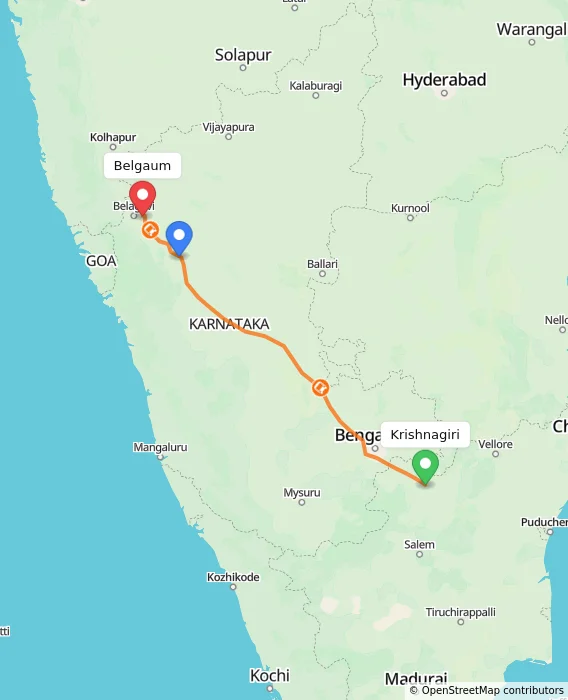Route map showing distance and travel time from Krishnagiri, India to Belgaum, India