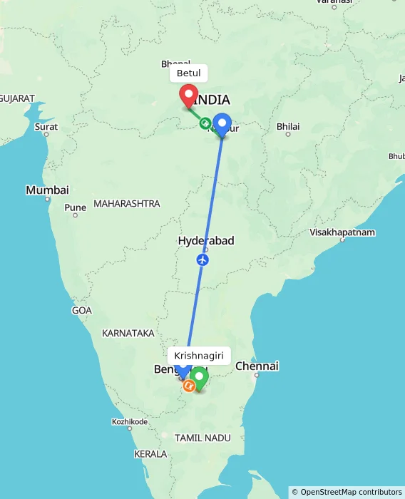 Route map showing distance and travel time from Krishnagiri, India to Betul, India