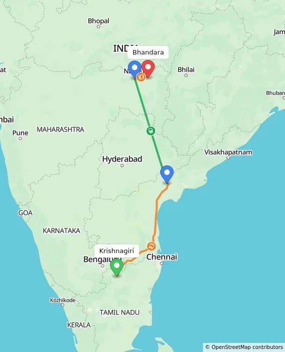 Route map showing distance and travel time from Krishnagiri, India to Bhandara, India