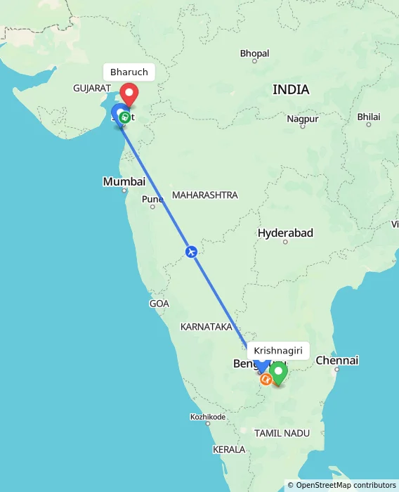 Route map showing distance and travel time from Krishnagiri, India to Bharuch, India