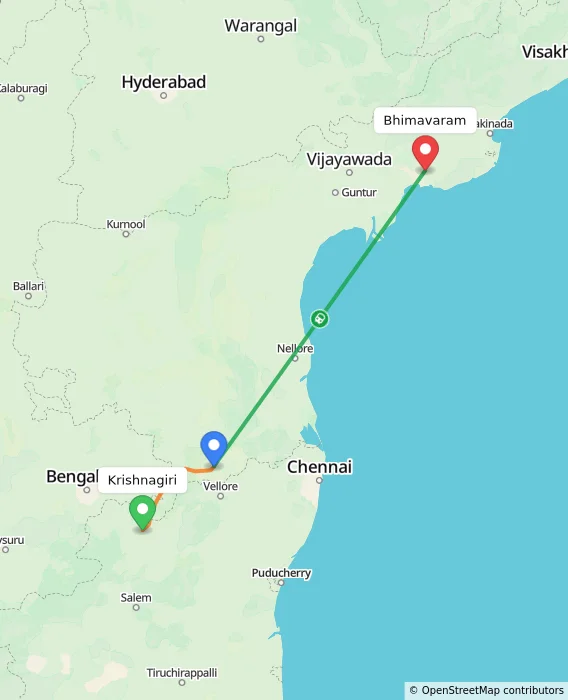 Route map showing distance and travel time from Krishnagiri, India to Bhimavaram, India